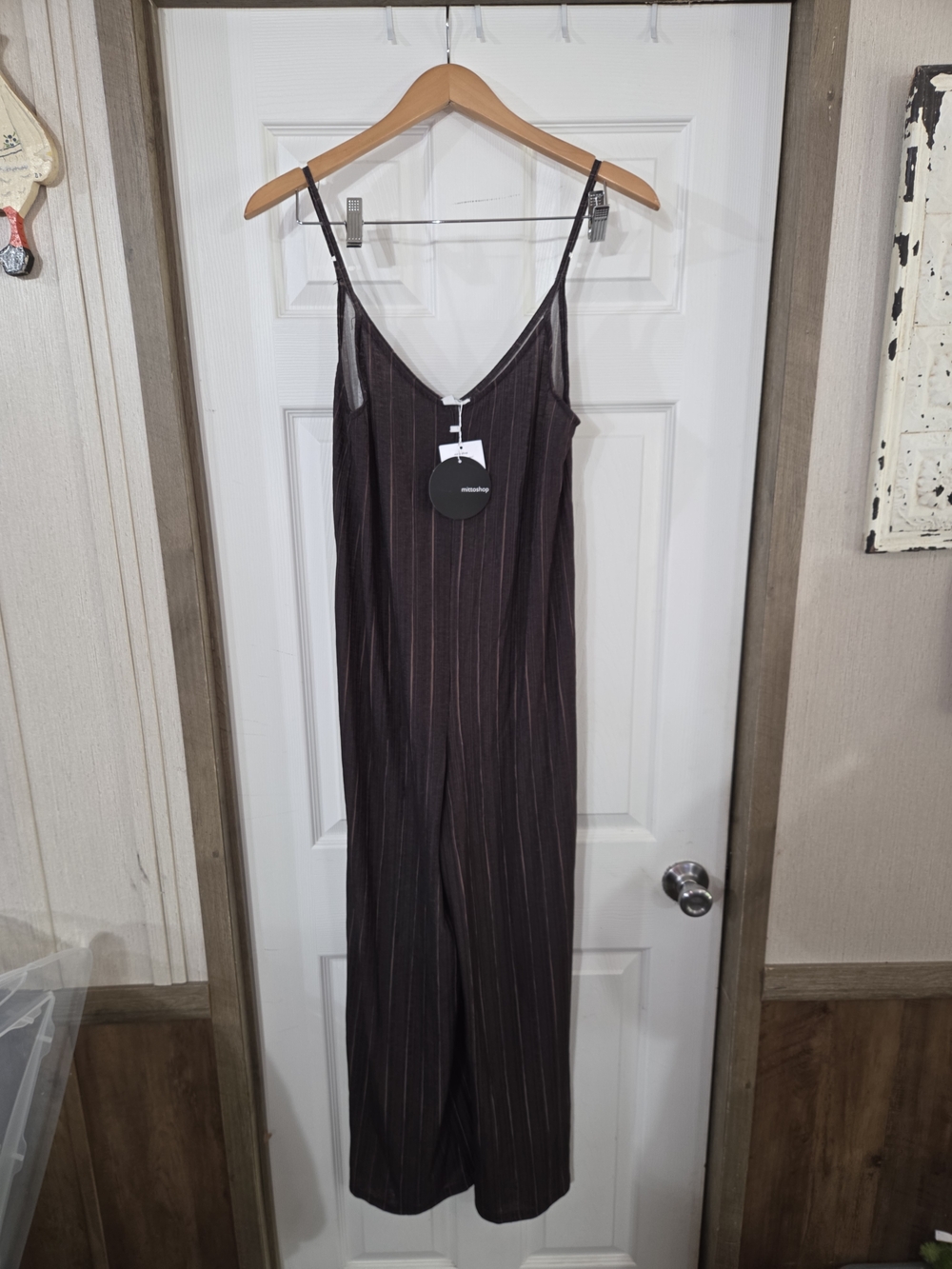 mittoshop Brown Pinstripe Spaghetti-Strap Jumpsuit